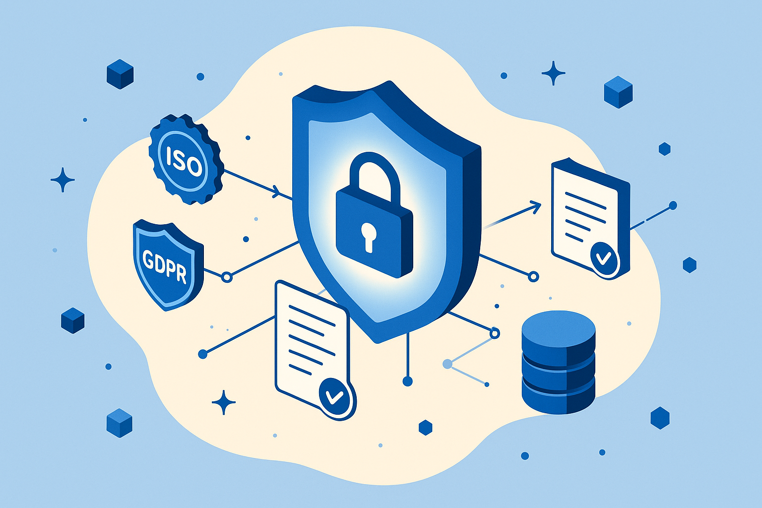 Abstract isometric illustration representing a trust center — a secure portal with compliance documents, certifications, and shield iconography in monochromatic blue tones
